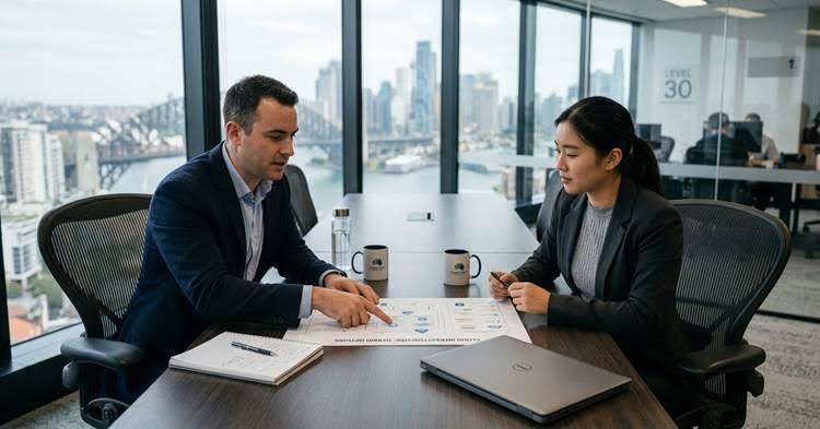 Two professionals discuss a document at a conference table with a city skyline view