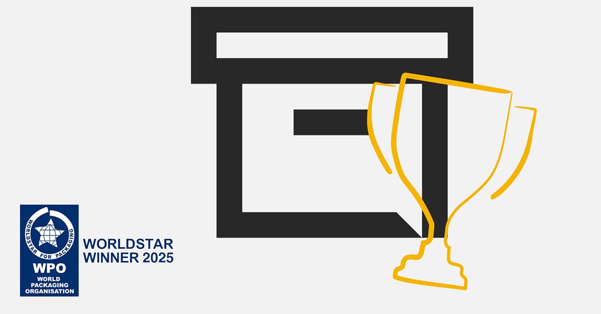 Black packaging icon with yellow trophy gesture