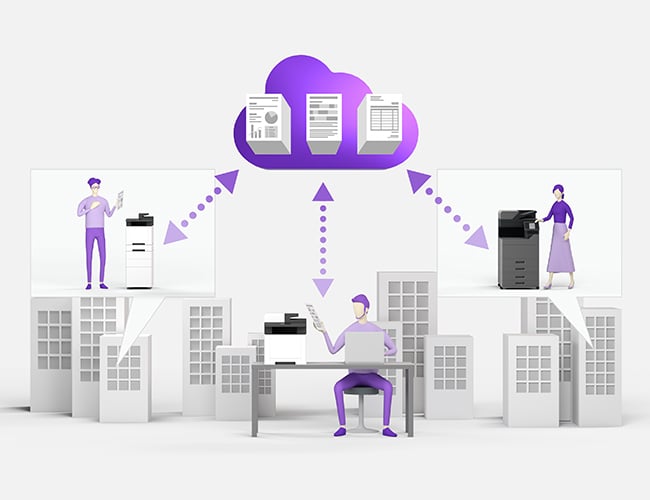 Cloud network showing workers in different offices using different devices