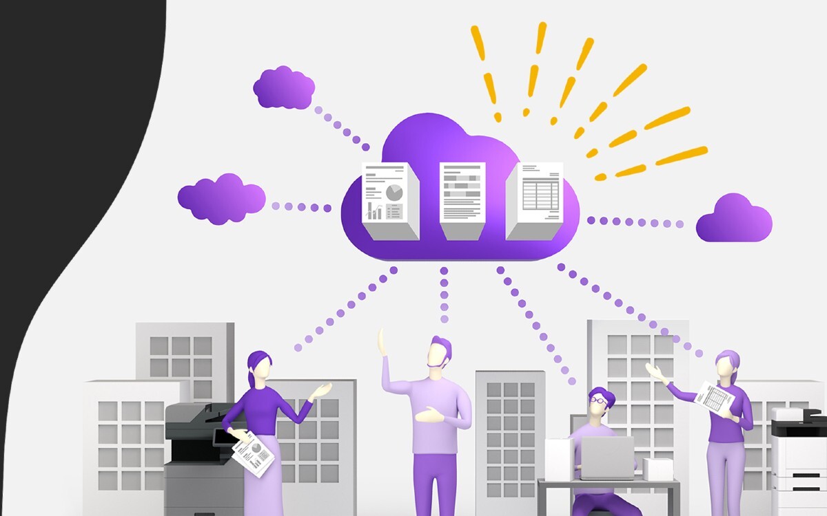 Illustration of 4 workers connected to a cloud of information