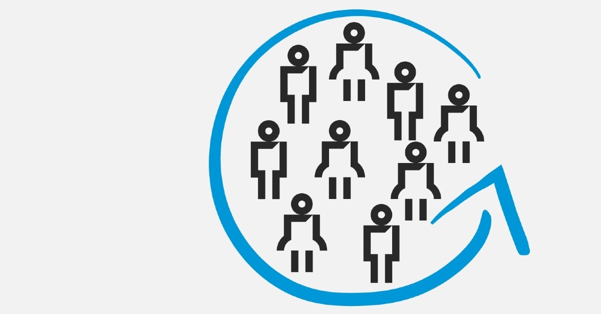 A group of people icons surrounded by a blue circular arrow