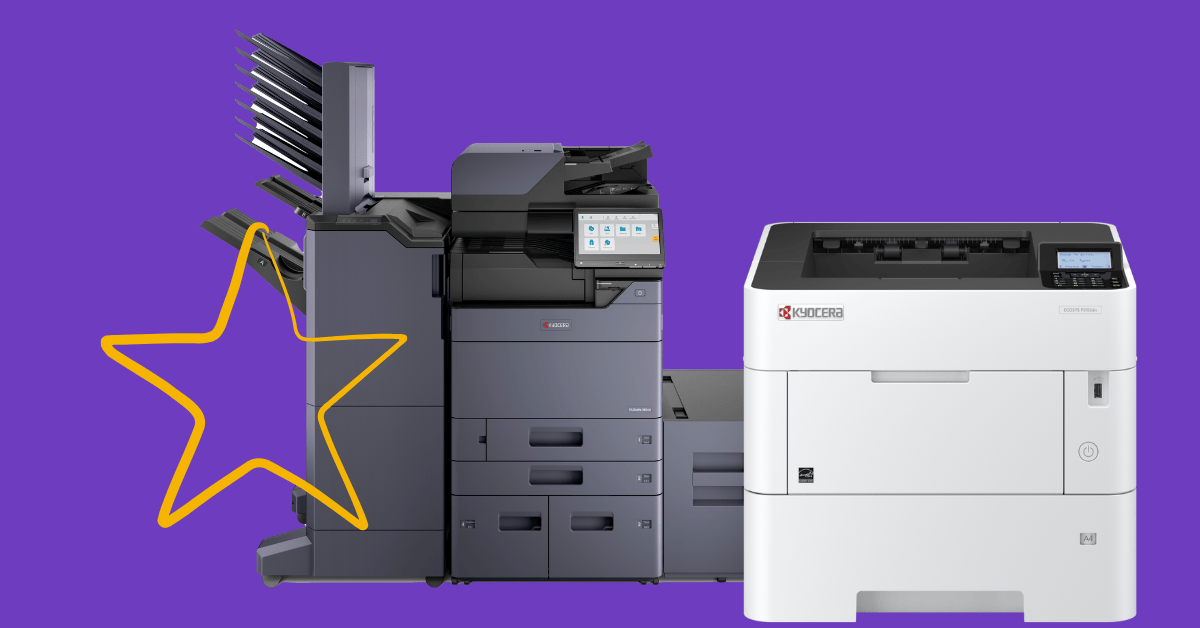 Two Kyocera printers on a purple background with a yellow hand-drawn star overlaid
