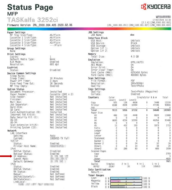 Status page displaying IP