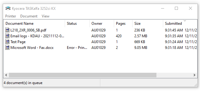 Print queue issues: Printer properties status message