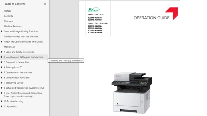 User manual table of contents