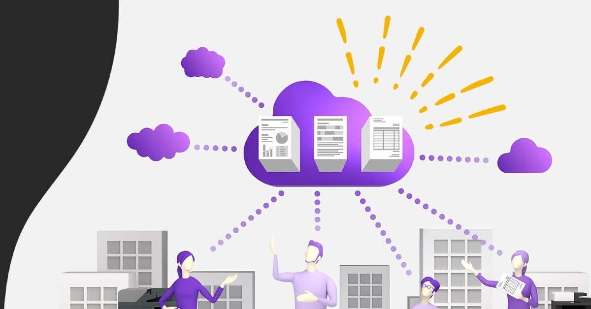 Illustration of 4 workers connected to a cloud of information