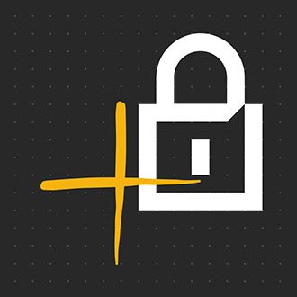 Padlock icon with a yellow plus sign on a black background